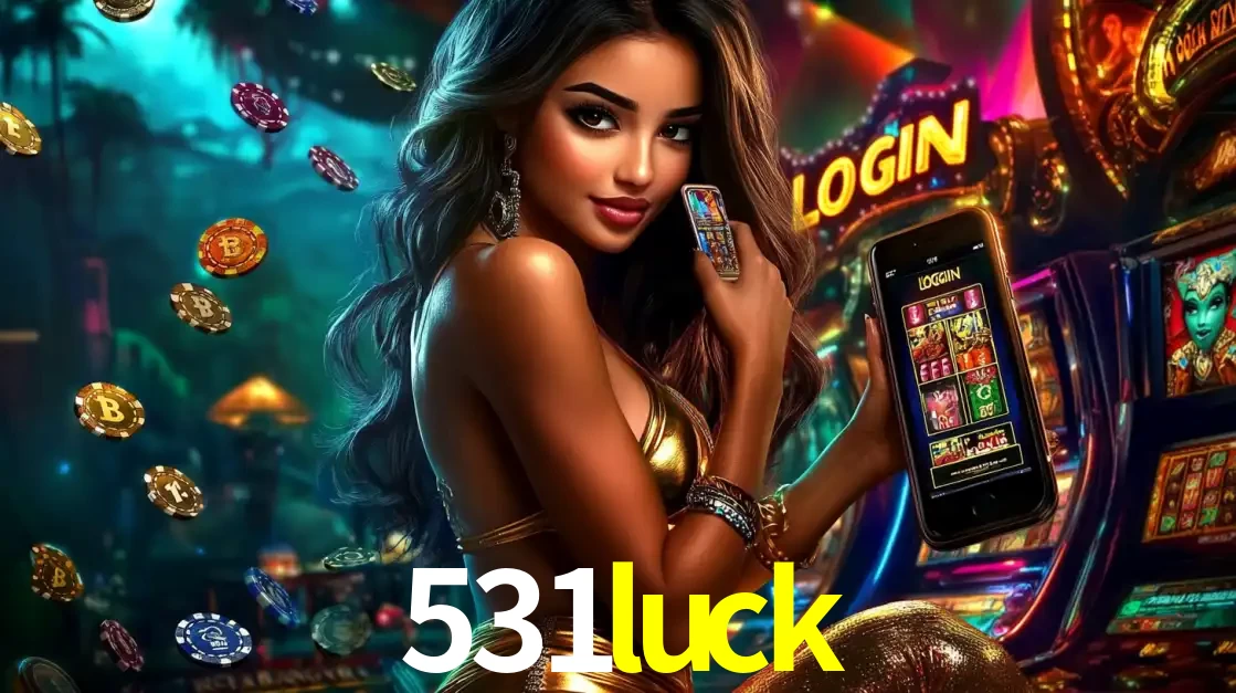 Mulher em um cenário de cassino temático de aventura, mostrando o app de caça-níqueis da 531luck no celular. Fichas de apostas flutuam ao redor.