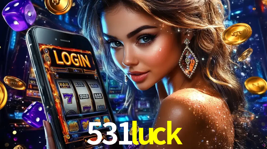 Mulher glamorosa segurando um smartphone com a tela de login para os jogos de caça-níqueis do cassino online 531luck, com moedas de ouro e dados ao redor.
